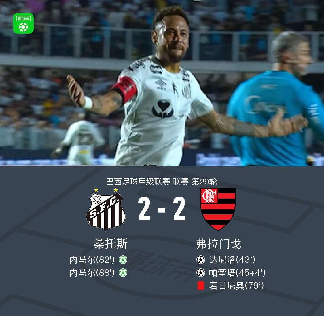 桑托斯让二追二2-2弗拉门戈，内马尔点球梅开二度